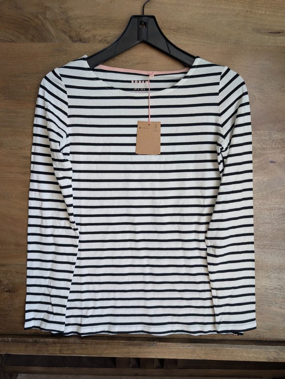 NWT Boden T-Shirt Womens 4 Black White Striped Long Sleeve Round Neck Pullover